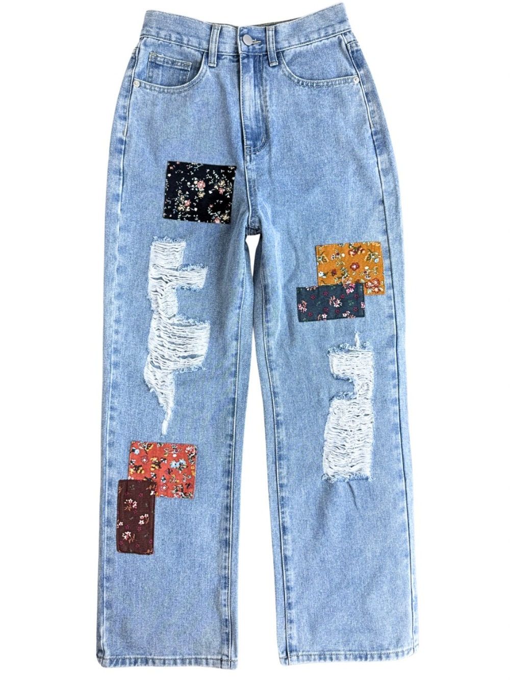 Cider Patchwork Distressed Wide Leg Jeans High Waisted Boho Denim Size XS